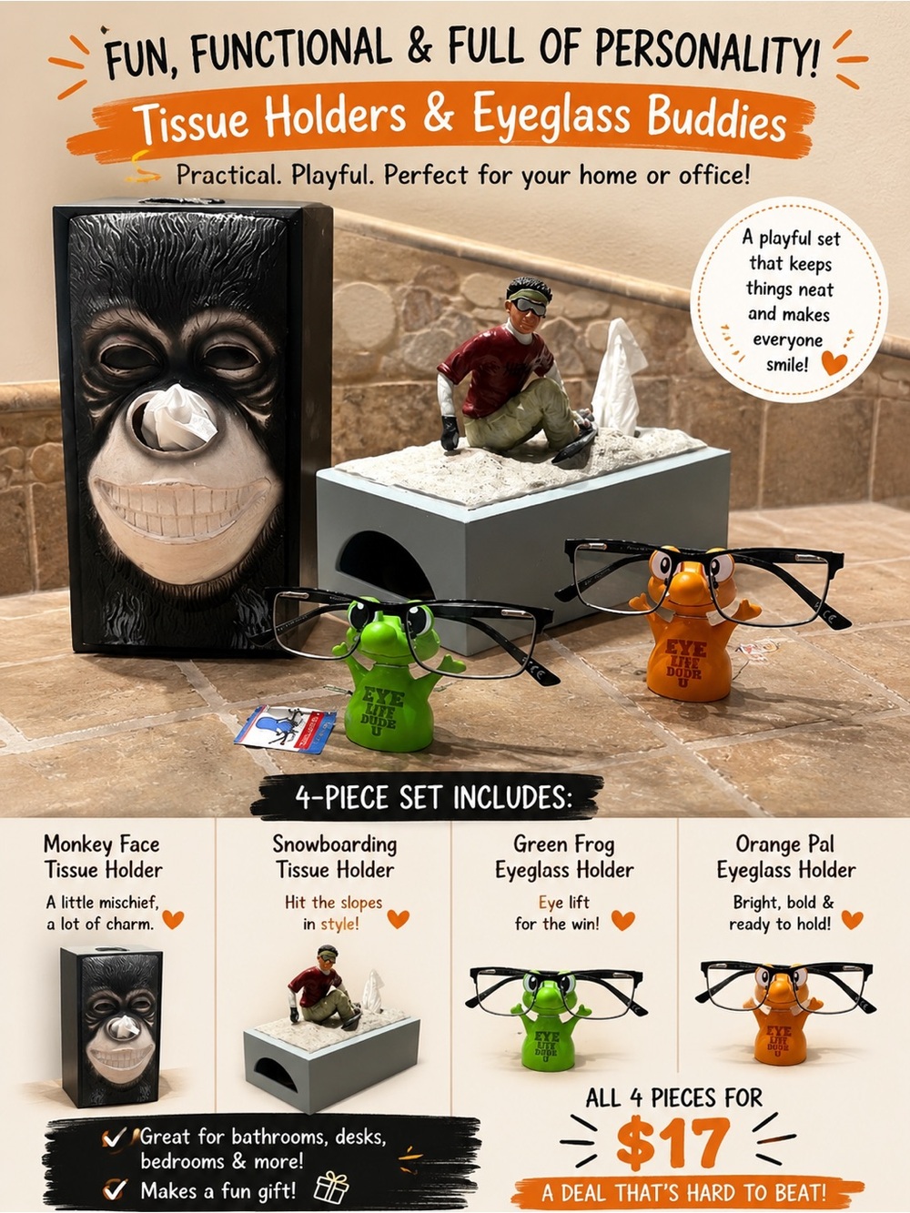 4-Piece Novelty Tissue Holders & Eyeglass Buddies - Green, Orange, Black, Gray